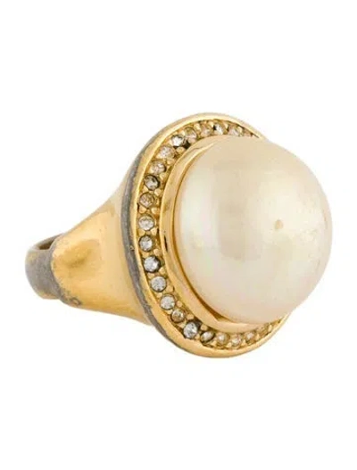 Pre-owned Dior Vintage Faux Pearl & Crystal Cocktail Ring In Multi