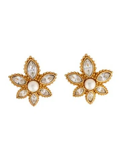Pre-owned Dior Vintage Faux Pearl & Crystal Flower Clip-on Earrings In Multicolor