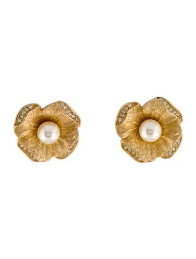 Pre-owned Dior Vintage Faux Pearl & Crystal Flower Stud Earrings In Clear/white