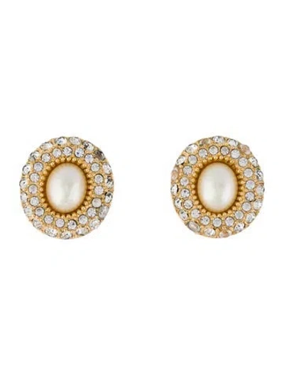 Pre-owned Dior Vintage Faux Pearl & Crystal Stud Clip-on Earrings In Multi