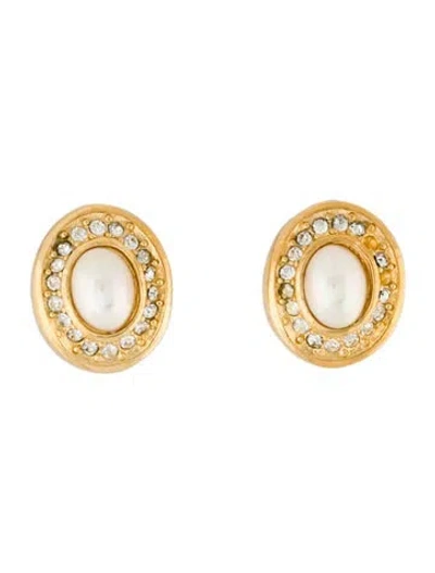 Pre-owned Dior Vintage Faux Pearl & Crystal Stud Clip-on Earrings In Multi