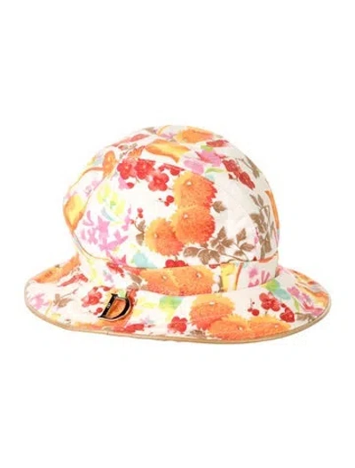 Pre-owned Dior Vintage Floral Print Cotton Bucket Hat In Orange/white