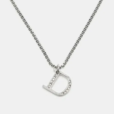 Pre-owned Dior Vintage Galliano Era D Logo Crystal Silver Tone Pendant Necklace