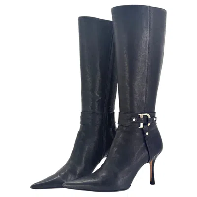 Pre-owned Dior Vintage Galliano Logo Harness Knee High Heeled Boots 37.5 In Black
