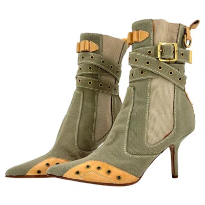 Pre-owned Dior Vintage John Galliano Bondage Green Canvas Pointed Toe Chelsea Boots 36.5