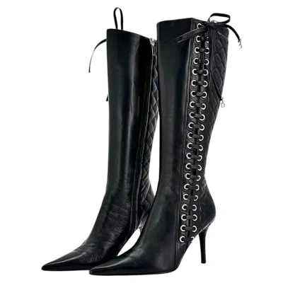 Pre-owned Dior Vintage John Galliano Corset Logo Charm Knee High Pointed Toe Boots 38 In Black