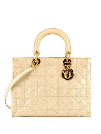 Pre-owned Dior Vintage Lady  Bag Cannage Quilt Lambskin Large Satchel In Yellow