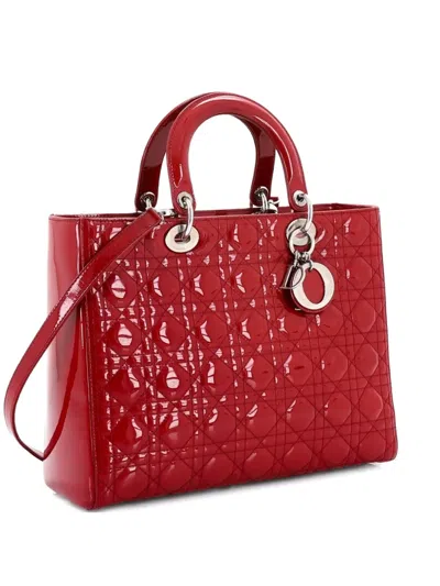 Pre-owned Dior Vintage Lady  Bag Cannage Quilt Patent Large Satchel In Red