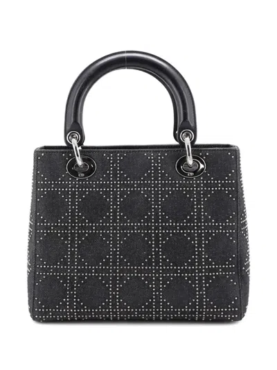 Pre-owned Dior Vintage Lady  Bag Cannage Studded Denim Medium Satchel In Gray