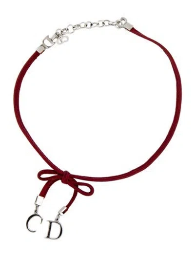 Pre-owned Dior Vintage Leather Cd Bow Choker Necklace, 14.5" In Red