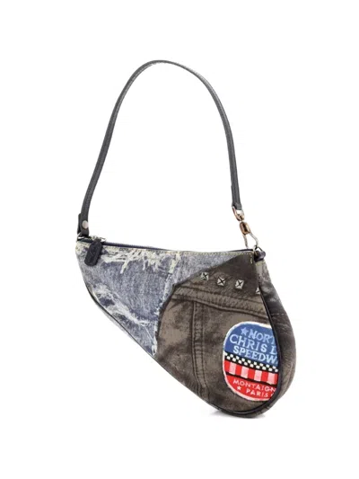 Pre-owned Dior Vintage Saddle Bag Printed Denim Mini Clutch Bag In Blue