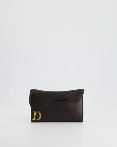 Dior Vintage Saddle Wallet In Ostrich Leather With Gold Hardware In Black