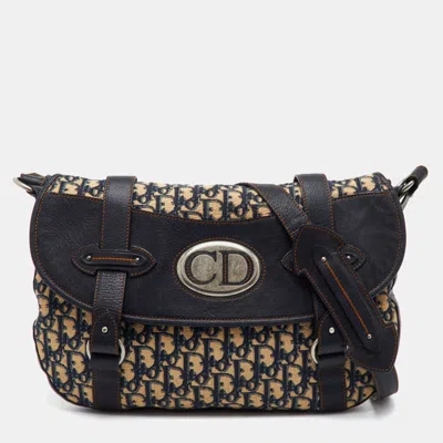 Pre-owned Dior Vintage Trotter Beige/navy Blue Oblique Canvas And Leather Shoulder Bag In Sand