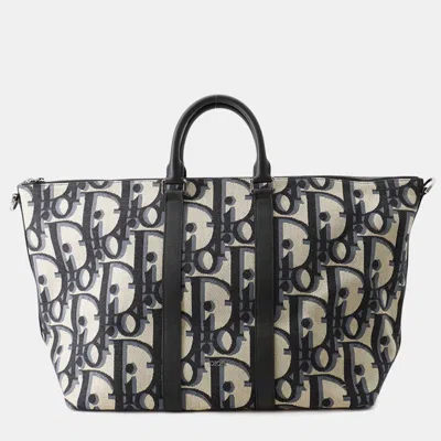Pre-owned Dior Weekender 40 Navy Beige Oblique Canvas Leather Two Way Bag