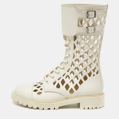 Pre-owned Dior White Cut Out Leather Buckle Details Mid Calf Boots Size 39.5