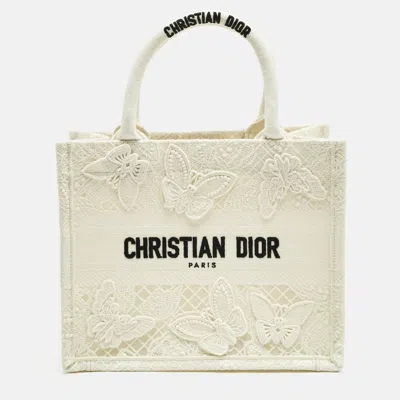 Pre-owned Dior White D-lace Embroidered Canvas Small Book Tote