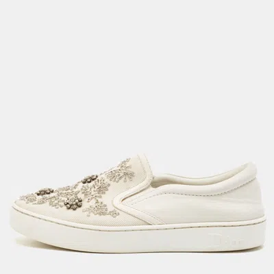 Pre-owned Dior White Denim And Leather Happy Crystal Embellished Slip On Sneakers Size 37