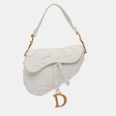 Pre-owned Dior White Embroidered Canvas Camouflage Saddle Bag