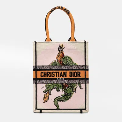 Pre-owned Dior White Embroidered Canvas Princess And Dragon Vertical Book Tote