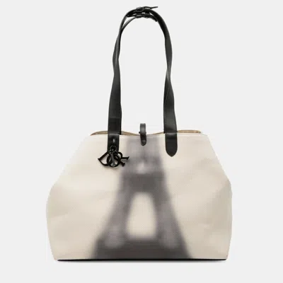 Pre-owned Dior White Large Canvas Eiffel Tower Toujours Tote