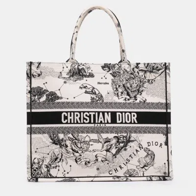 Pre-owned Dior White Large Canvas Embroidered Zodiac Toile De Jouy Book Tote