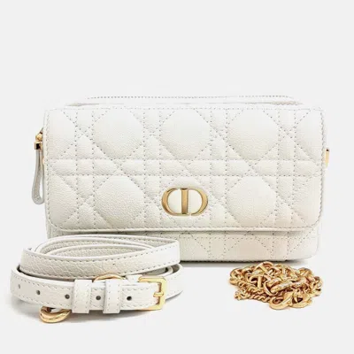 Pre-owned Dior White Leather Caro Chain Pouch Bag