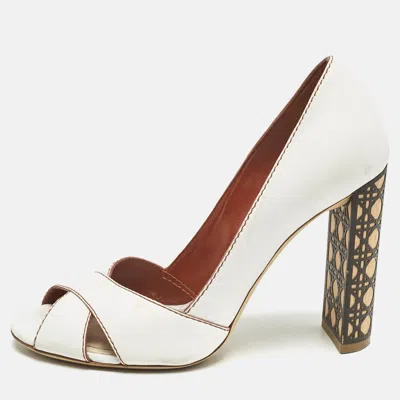 Pre-owned Dior White Leather Criss Cross Cannage Woodden Heel Open Toe Pumps Size 37.5