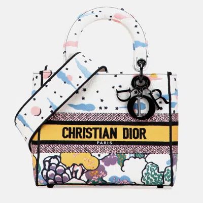 Pre-owned Dior White Medium Canvas Embroidered Ciel De Reve Lady D Lite