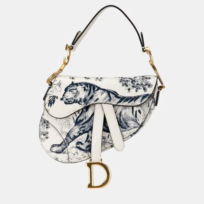 Pre-owned Dior White Mini Calfskin Toile De Jouy Saddle Bag