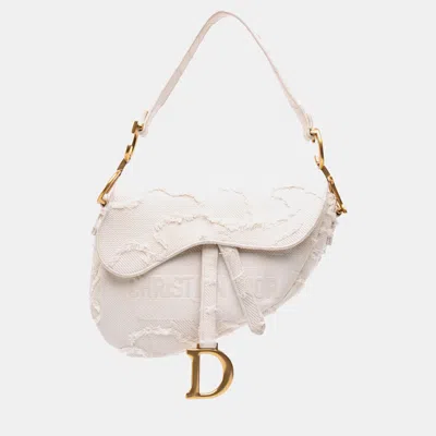 Pre-owned Dior White Mini Canvas Embroidered Camouflage Saddle Bag