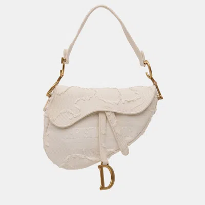 Pre-owned Dior White Mini Canvas Embroidered Camouflage Saddle Bag