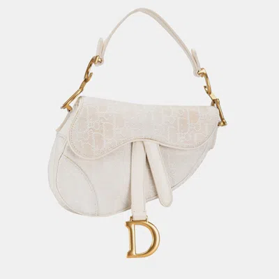 Pre-owned Dior White Mini Oblique Canvas Saddle Bag