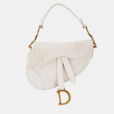 Pre-owned Dior White Mini Oblique Canvas Saddle Bag