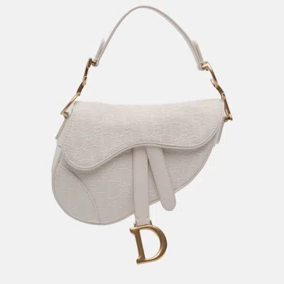 Pre-owned Dior White Mini Oblique Canvas Saddle Bag