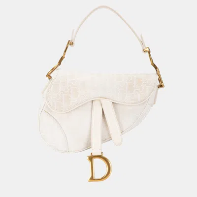 Pre-owned Dior White Mini Oblique Canvas Saddle Bag