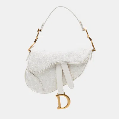 Pre-owned Dior White Mini Oblique Canvas Saddle Bag
