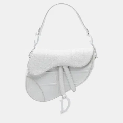 Pre-owned Dior White Oblique Embossed Calfskin Saddle Bag