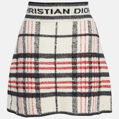 Pre-owned Dior White Plaid And Logo Pattern Tweed Mini Skirt M