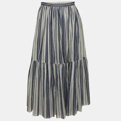 Pre-owned Dior White White/blue Stripe Chiffon Flared Maxi Skirt S