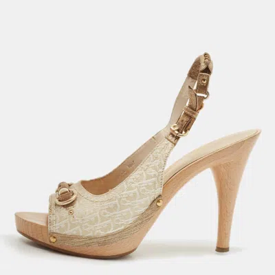 Pre-owned Dior White/gold Oblique Canvas Platform Slingback Sandals Size 38.5