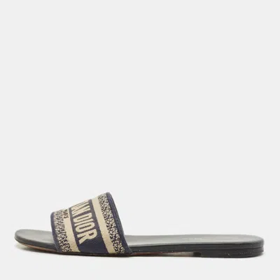 Pre-owned Dior White/navy Blue Canvas Dway Flat Sandals Size 38.5
