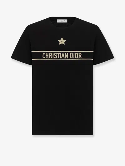 Dior Crew Neck Top Contrast Stripes Star Motif In Black