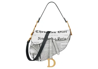 Pre-owned Dior Women's  Saddle Bag With Strap In White And Black Calfskin With Newspaper Print