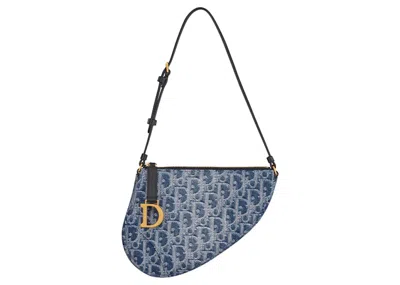 Pre-owned Dior Women's  Saddle Rodeo Pouch In Blue Denim  Oblique Jacquard