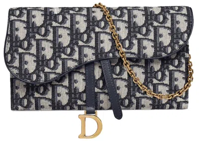 Pre-owned Dior Women's  Saddle Wallet Oblique (6 Card Slot) In Blue