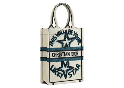 Pre-owned Dior Women's  Vertical Book Tote Lucky Star Embroidery In White