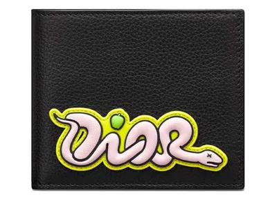 Pre-owned Dior Women's  X Kaws Bifold Wallet In Black Grained Calfskin