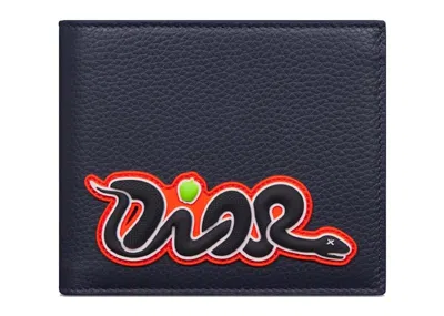 Pre-owned Dior Women's  X Kaws Bifold Wallet In Navy Blue Grained Calfskin