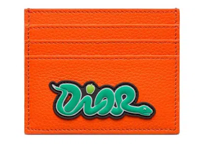 Pre-owned Dior Women's  X Kaws Card Holder In Vermilion Red Grained Calfskin