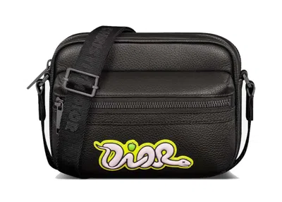 Pre-owned Dior Women's  X Kaws Mini Rider 2.0 Zipped Messenger Bag In Black Grained Calfskin
